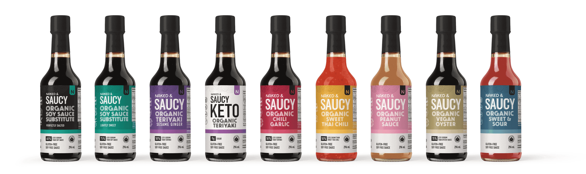 Nine sauces are lined up. From left to right the order is: Coconut Aminos - Perfectly Salted, Coconut Aminos - Lightly Sweet, Teriyaki Sesame Ginger, Keto Teriyaki, Chili Garlic, Sweet Thai Chili, Peanut, Vegan Oyster, Sweet and Sour